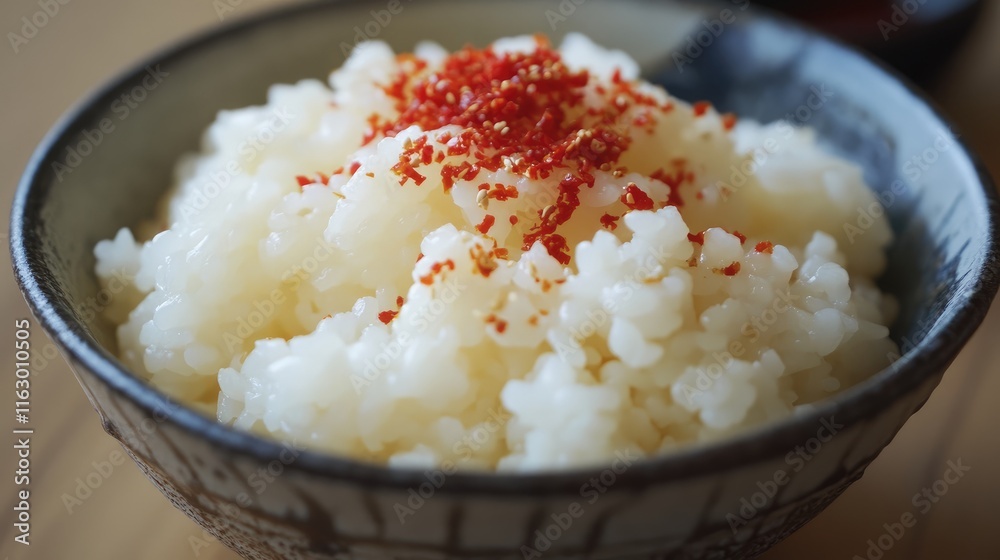 Fluffy sushi rice garnished with vibrant chili threads in a rustic bowl setting Fluffy sushi rice garnished with vibrant chili threads in a rustic bowl setting