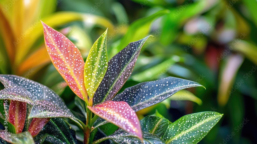Raindrops on Colorful Leaves in Lush Greenery Evoking Calmness and Refreshing Nature's Beauty
