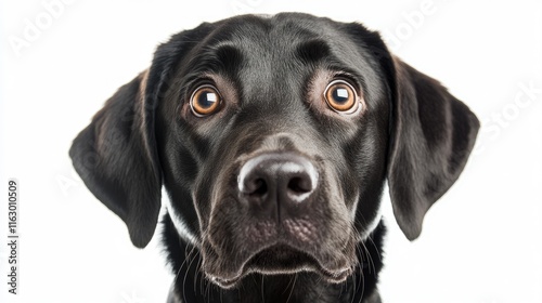 Sad Labrador dog showing signs of stress and confusion due to separation anxiety when left alone at home indoors on a white background photo