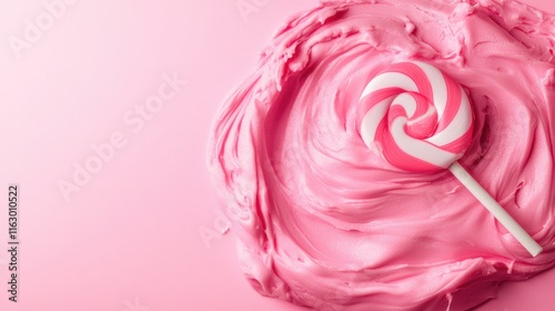 Stretching pink dough with a giant lollipop on a pink backdrop representing vintage children's toys and creative playful themes photo