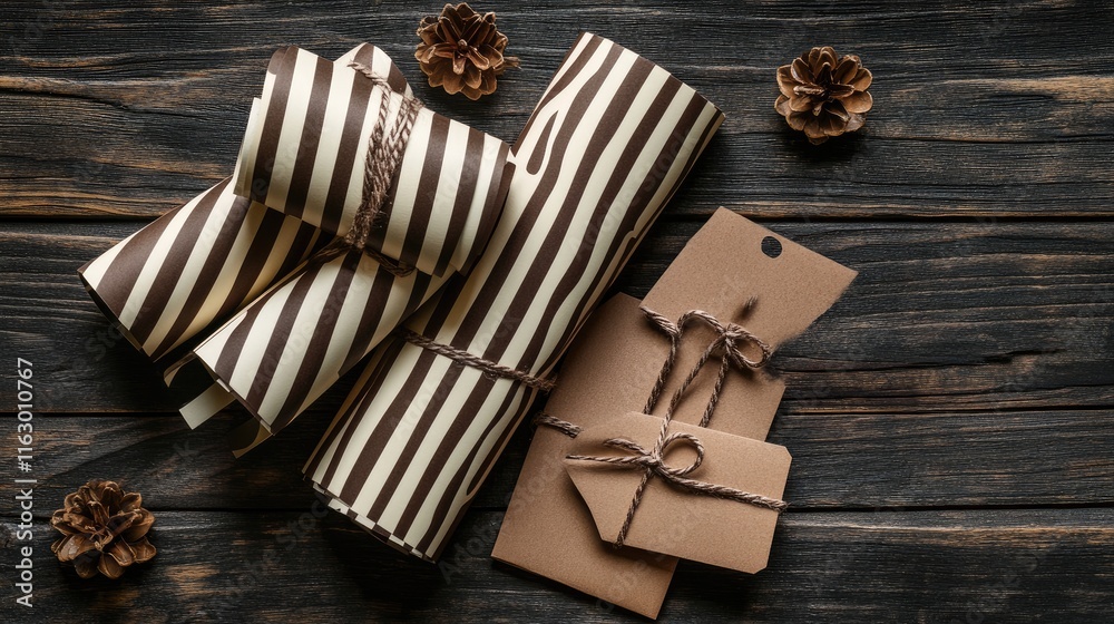 Fototapeta premium Festive striped wrapping paper rolls and brown gift tags arranged on dark wooden background with pine cones and copy space for holiday design