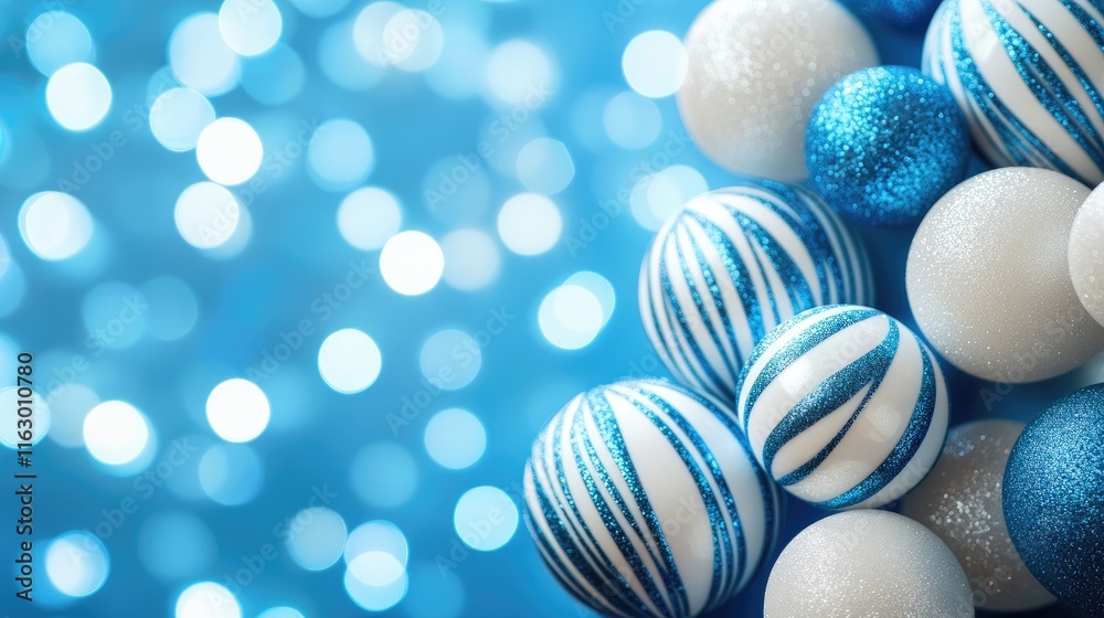 Fototapeta premium Blue and white decorative balls with glitter on a blue background creating a festive and cheerful atmosphere for seasonal celebrations