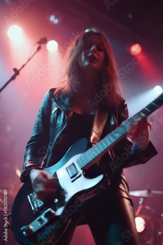 Female guitarist performing energetically on stage
