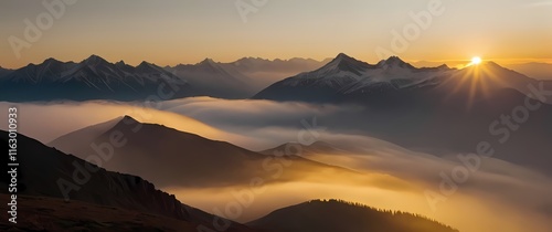 A breathtaking view of a mountain range at sunrise with peaks bathed in golden light and valleys shrouded in soft mist. Extremely detailed high resolution illustration.