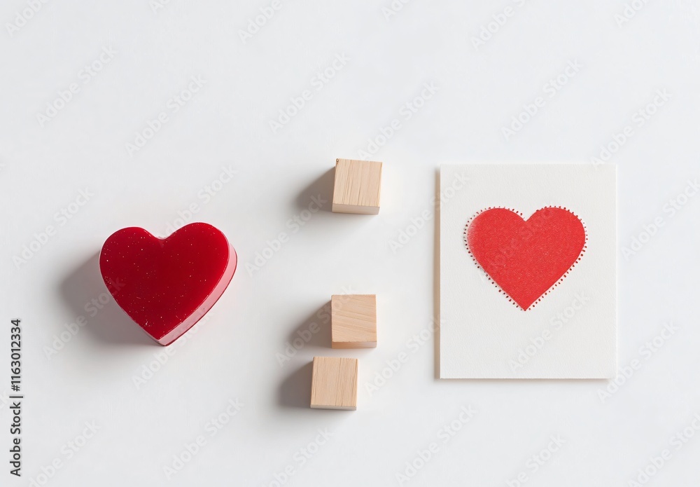 Fototapeta premium Romantic Red Heart with Wooden Blocks and Card: Valentine's Day Concept