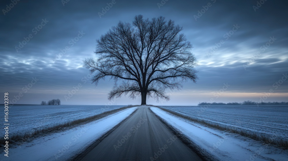 Solitary Tree on a Snowy Road at Dawn Solitary Tree on a Snowy Road at Dawn