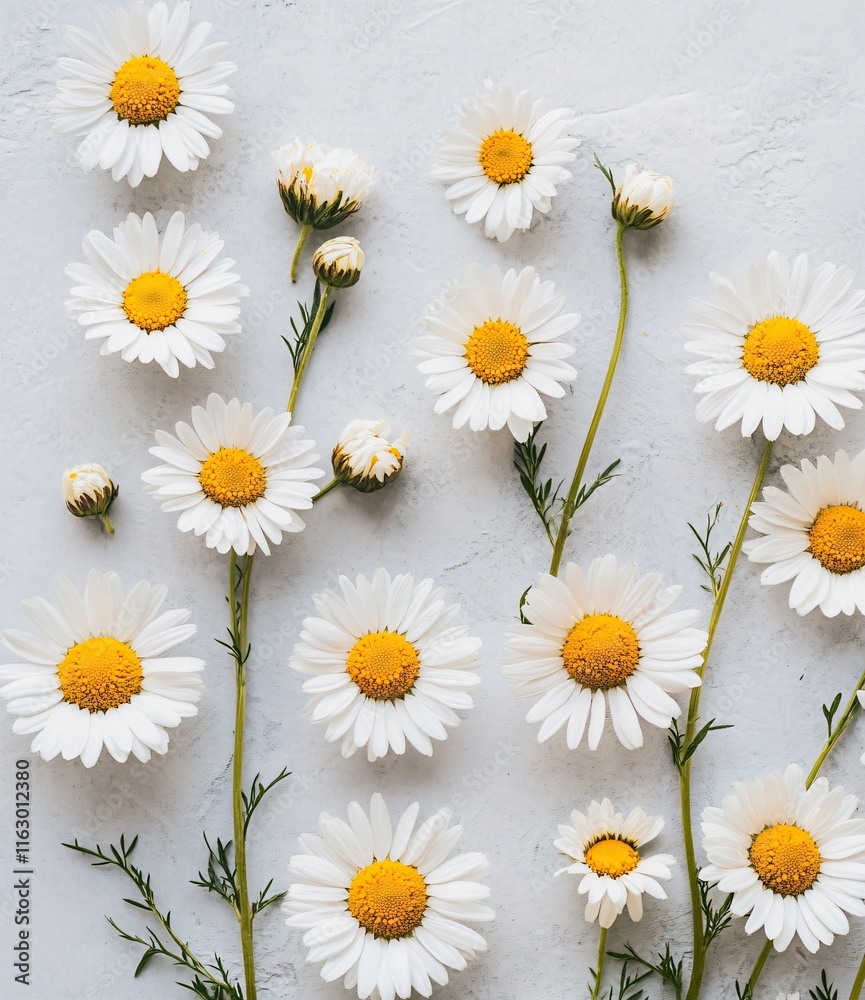 Fototapeta premium Elegant Daisies Arranged on Grey Background: Floral Flatlay Photography