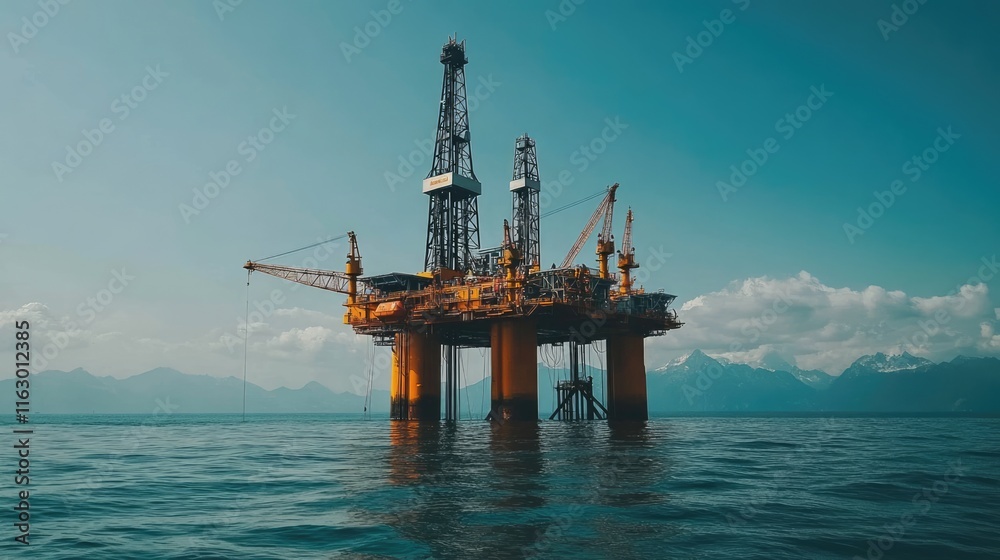 Offshore sea oil platform with mountains at the background. Natural gas and oil rig in the ocean in the North Offshore sea oil platform with mountains at the background. Natural gas and oil rig in the ocean in the North