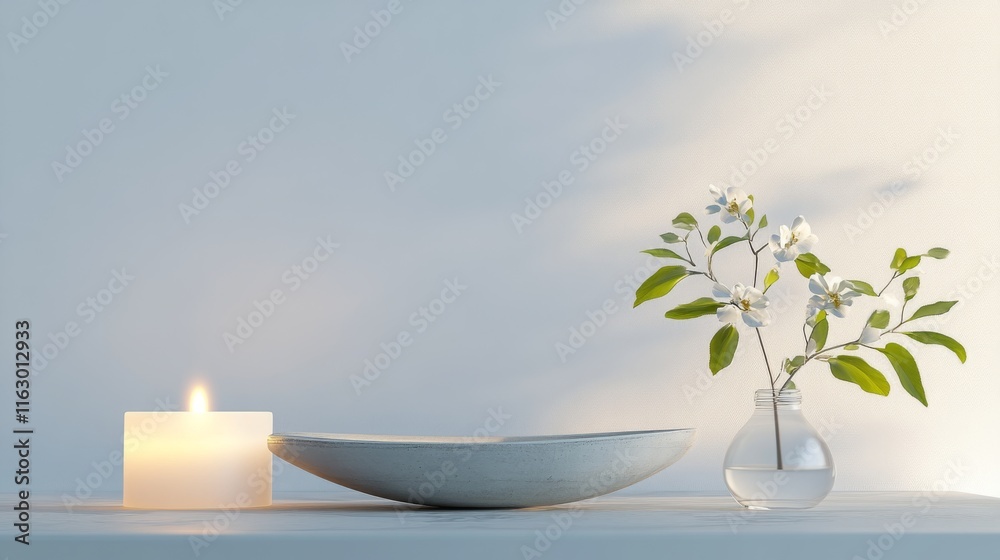 Serene table setting with candle and flowers. Serene table setting with candle and flowers.