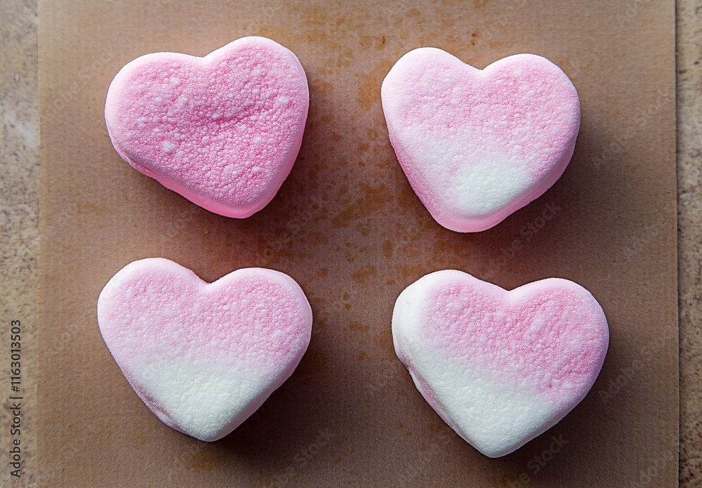 Obraz premium Four Pink and White Heart-Shaped Marshmallows on Brown Background