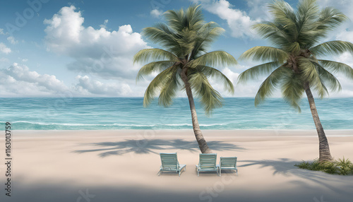 Fototapeta Naklejka Na Ścianę i Meble -  beach with beach chairs at a clear blue ocean with two palm trees and a blue sky