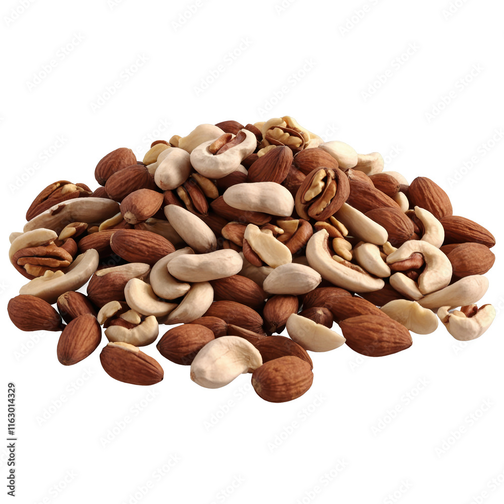 Mound of mixed nuts featuring cashews, almonds, and pecans in a natural setting Mound of mixed nuts featuring cashews, almonds, and pecans in a natural setting