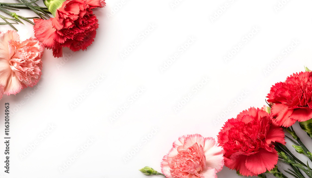Romantic postcard mockup, Valentine's Day theme, free space for text. White background, surrounded by fresh carnations. White background. Romantic postcard mockup, Valentine's Day theme, free space for text. White background, surrounded by fresh carnations. White background.