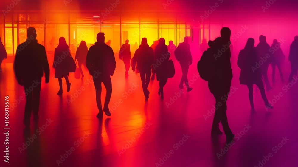 Fototapeta premium Silhouettes of people in colorful misty light.