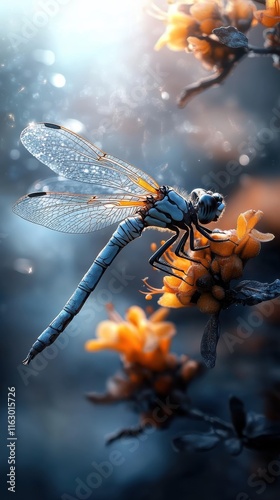 A stunning blue dragonfly rests among vibrant orange flowers, its delicate wings illuminated in a softly focused, artistic composition with magical lighting effects.