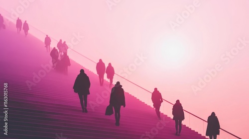 Silhouettes of people walking in vibrant fog.