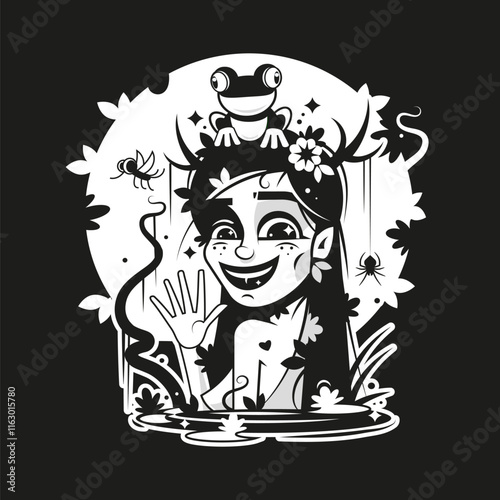 magical monster made of wood and plants, standing in the forest thicket in the rays of sunlight. his body is covered with moss and mushrooms, and a poisonous mist oozes out of him.