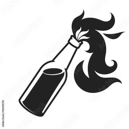 Burning molotov cocktail bottle icon or logo. Modern comic style black and white vector illustration.