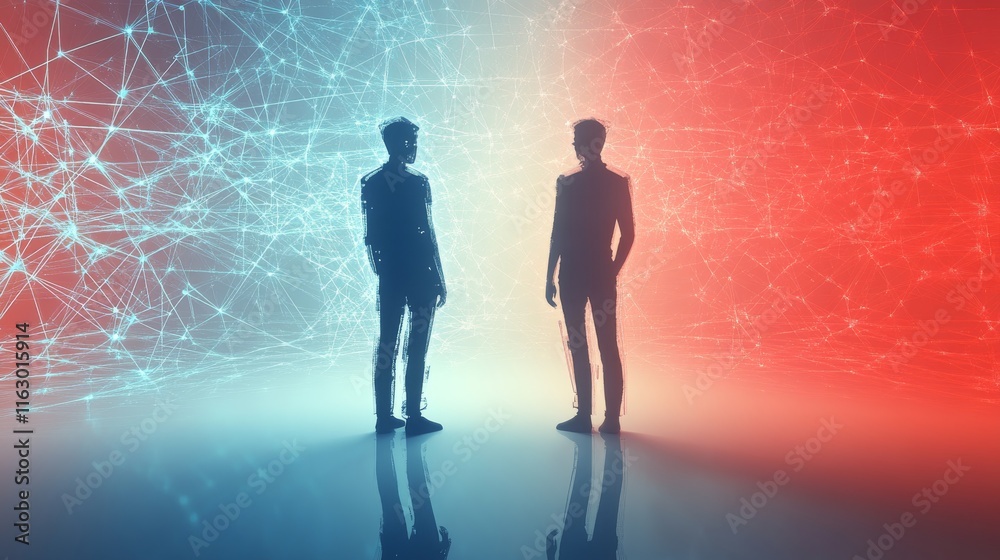 Fototapeta premium Silhouettes of two figures in digital space.