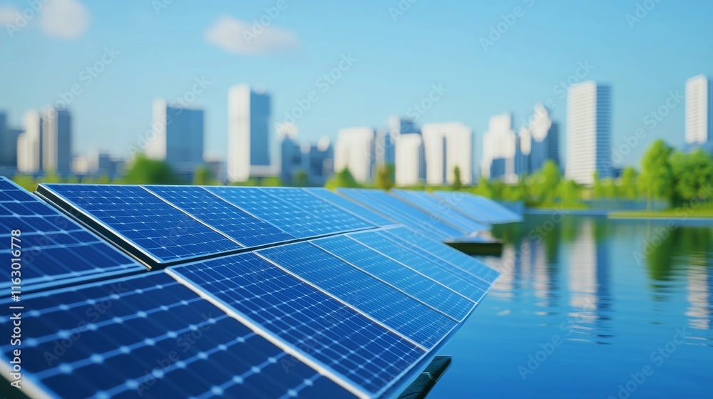 Fototapeta premium Solar panels reflecting sunlight near a city.