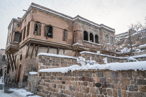 old town, quarter, kayseri turkey, brick, greek, tablakaya, district, talas, facade, balcony, exterior, architecture, ancient, tourism, historical, old, historic, travel, home, house, window, street,  photo