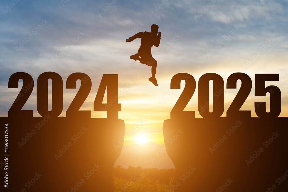 Happy New Year Numbers 2025, Silhouette a man handsome jumping feels happy moving morning 2024 to 2025 sunrise over the horizon background,Health and Happy new year concept.