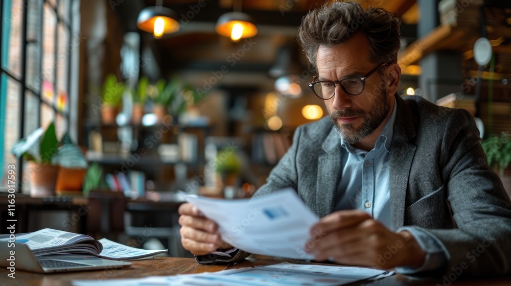 Serious mature man in eyeglasses sitting at table and reading documents in cafe Serious mature man in eyeglasses sitting at table and reading documents in cafe