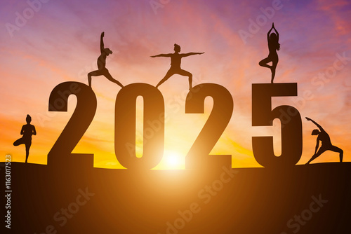 Obraz na płótnie Happy New Year Numbers 2025, Silhouette woman practicing yoga early morning sunrise over the horizon background, Health and Happy new year concept. w salonie