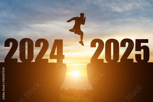 Obraz na płótnie Happy New Year Numbers 2025, Silhouette a man handsome jumping feels happy moving morning 2024 to 2025 sunrise over the horizon background,Health and Happy new year concept. w salonie