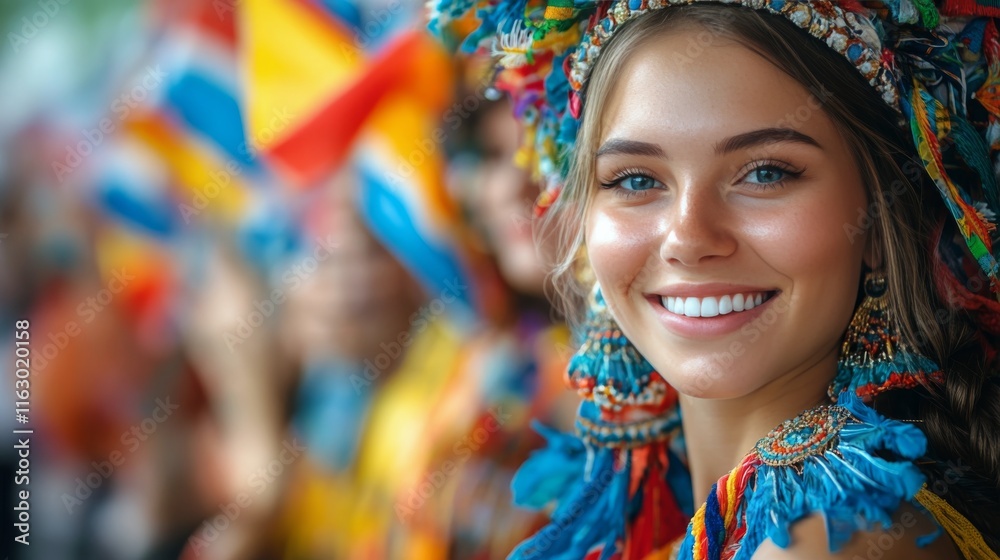 Fototapeta premium Celebratory participant smiles brightly while holding flags at cultural festival in sunny environment