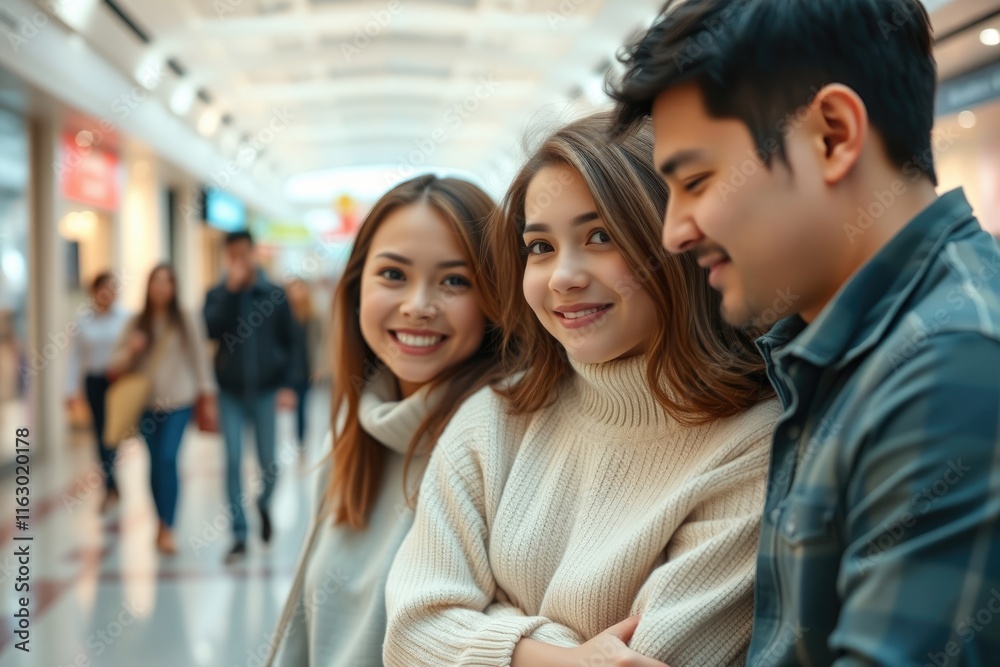 Obraz premium A happy family spends quality time shopping at the mall, with smiles on their faces as they explore the vibrant shops and enjoy each other's company