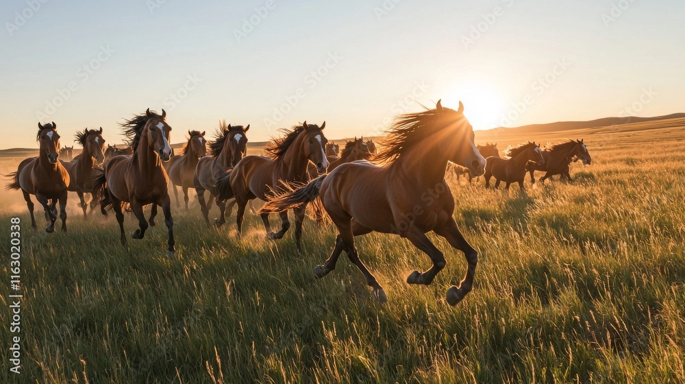 Obraz premium Majestic wild horses galloping across a vast sunset plain