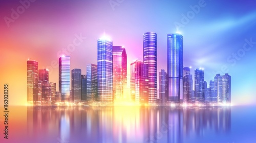 Vibrant city skyline with colorful reflections.
