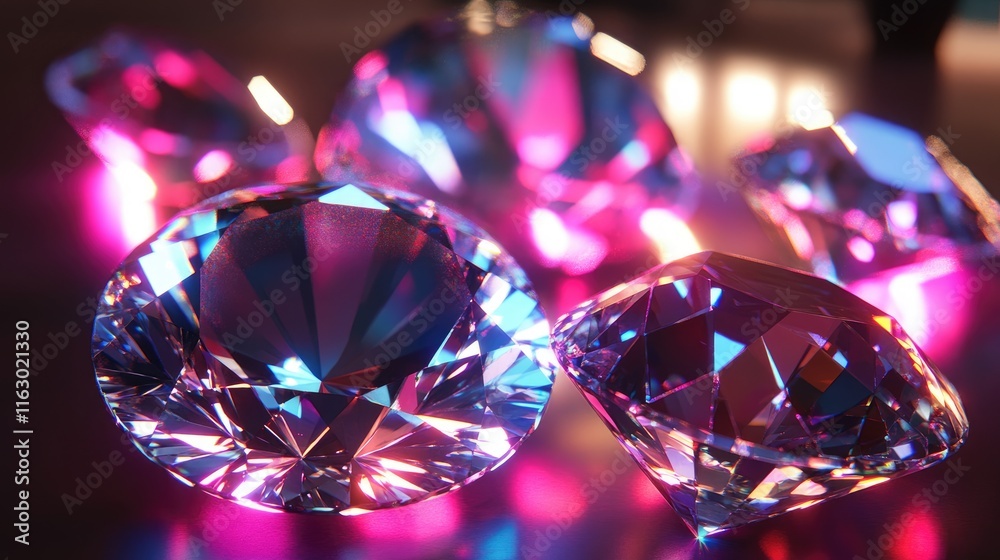 A collection of sparkling, colorful gemstones reflecting light in various angles.