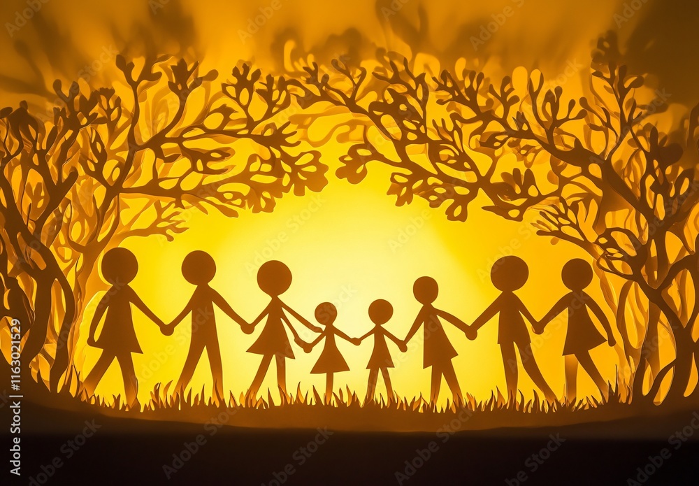 Illuminated Family Silhouette Paper Cut Art: Unity in Nature Illuminated Family Silhouette Paper Cut Art: Unity in Nature