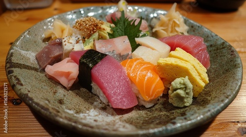 Exquisite sushi arrangement on ceramic plate celebrating japanese cuisine photo