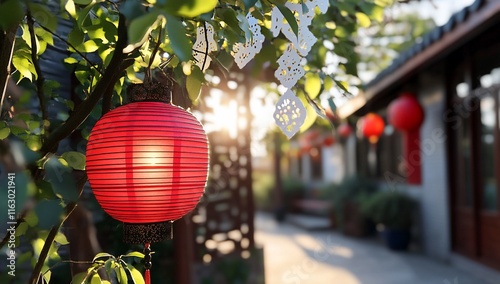 A serene scene featuring a red lantern amidst greenery and traditional architecture. photo