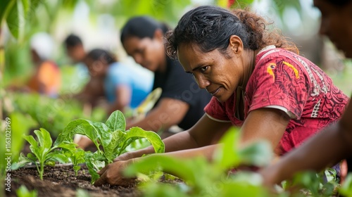 Community garden scene with diverse people engaged in planting and cultivation activities photo