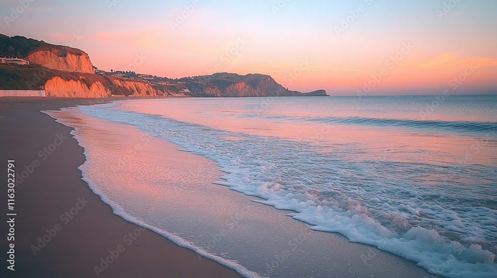 Fototapeta premium Peaceful Coastal Sunset Over Cliffs And Sandy Beach