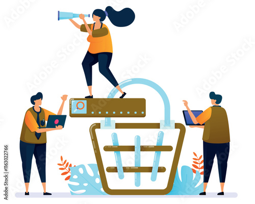 illustration for online product shopping cart search. E commerce and checkout on the marketplace