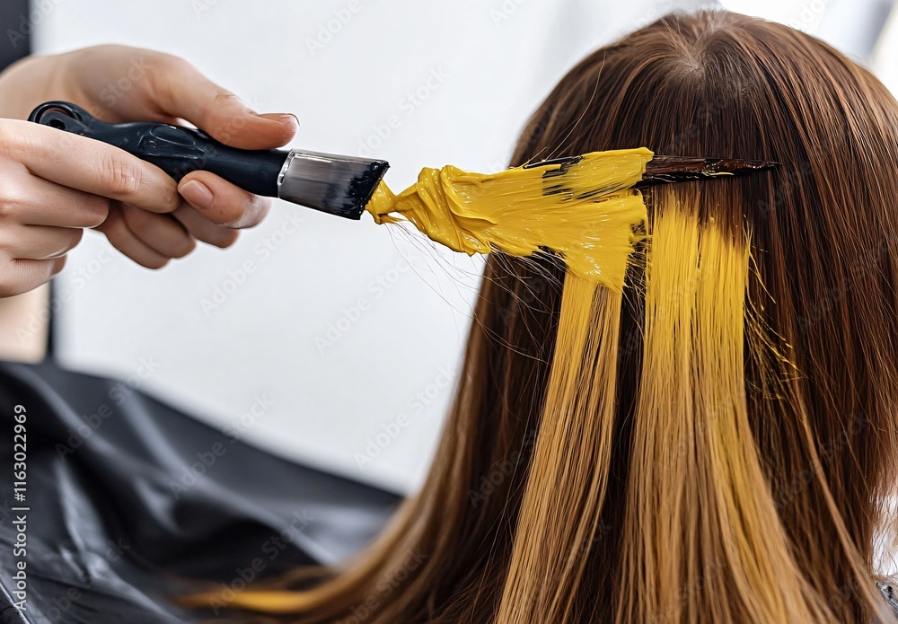 Naklejka premium Hair Coloring: Close-up of Yellow Hair Dye Application