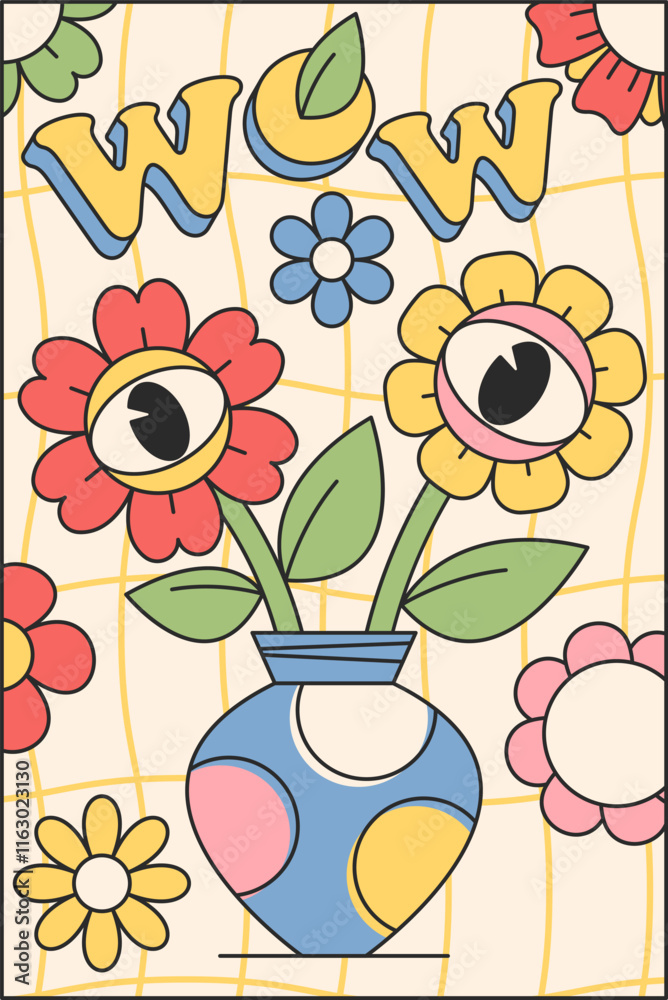 Fototapeta premium Wow groovy banner hippie design