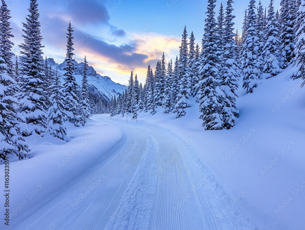Scenic Snow Covered Trail in Winter Mountains at Sunrise