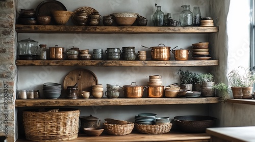 Wallpaper Mural Rustic Kitchen Shelves Displaying Vintage Copper Pots and Earthenware Torontodigital.ca