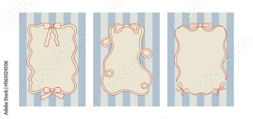 Set of posters with hand drawn quirky frames on striped backgrounds. Vector illustration of vintage bows. Holiday greeting card templates in coquette aesthetic