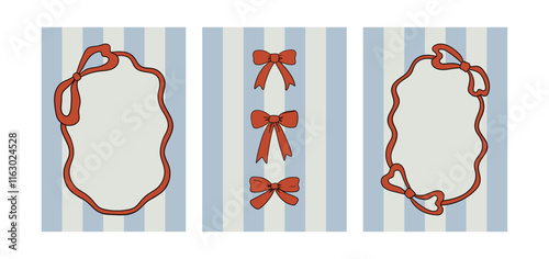 Set of posters with red hand drawn bow frames on striped backgrounds. Vector illustration of ribbon bowknots. Vintage greeting card templates