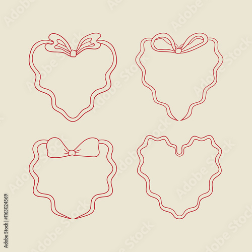 Set of wavy heart shaped hand drawn frames with bows. Vector outline illustration in retro coquette aesthetic	
