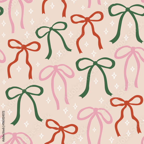 Seamless pattern with cute various colorful bows and stars. Vector flat background in coquette aesthetic
