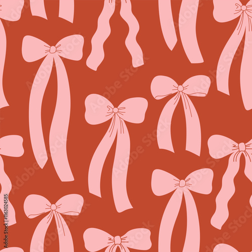 Holiday seamless pattern with various hand drawn vintage bows. Vector flat background in coquette aesthetic