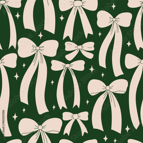 Holiday seamless pattern with various hand drawn vintage bows and stars. Vector flat background in coquette aesthetic